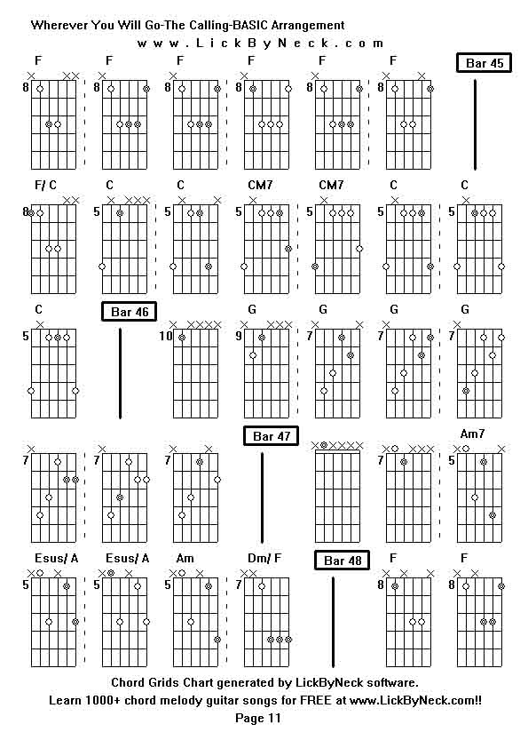 Chord Grids Chart of chord melody fingerstyle guitar song-Wherever You Will Go-The Calling-BASIC Arrangement,generated by LickByNeck software.